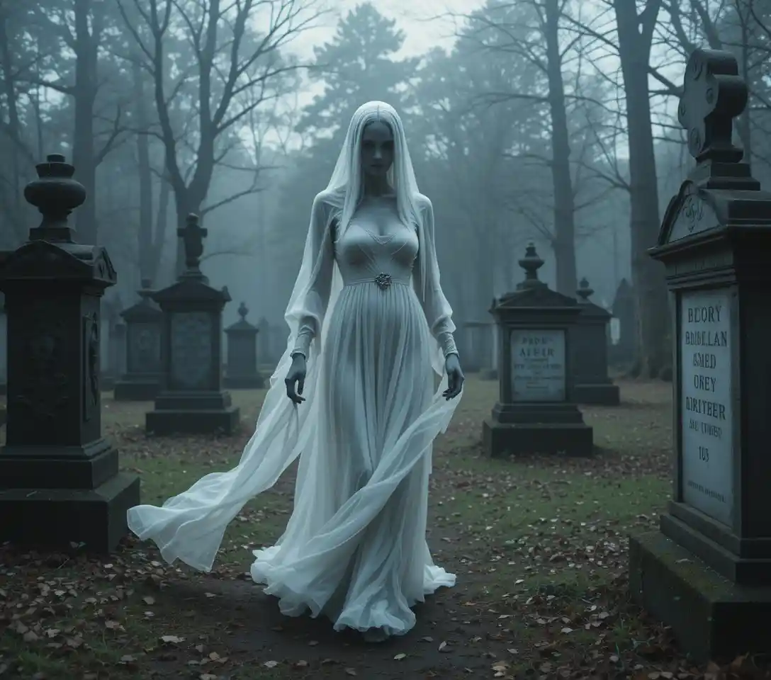 Ätherische Gray Lady Geistergestalt, die durch alten Friedhof schreitet