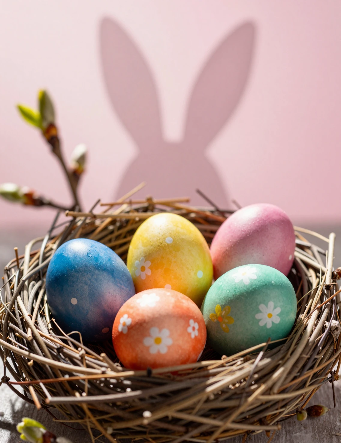 Primo piano di un nido con uova di Pasqua colorate alla luce primaverile