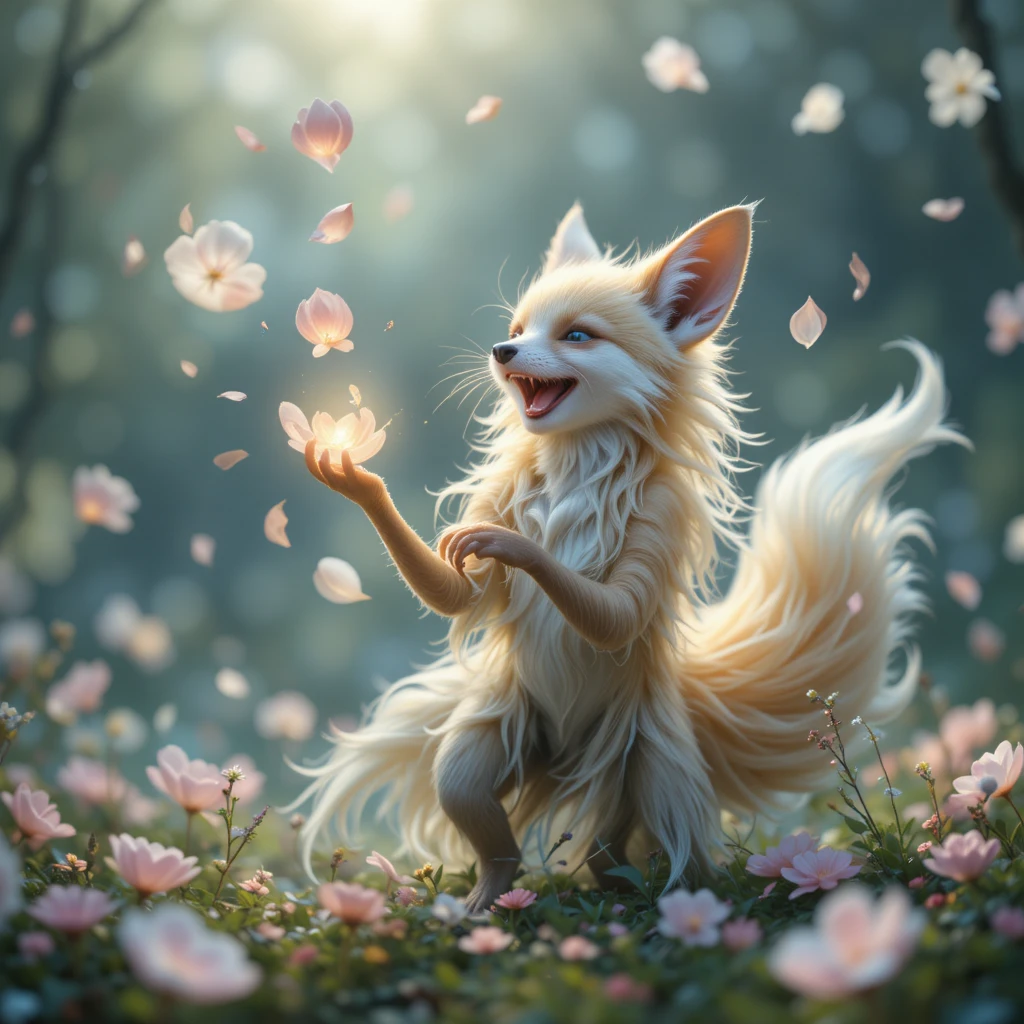 Joyful fantasy creature playing with glowing flower petals