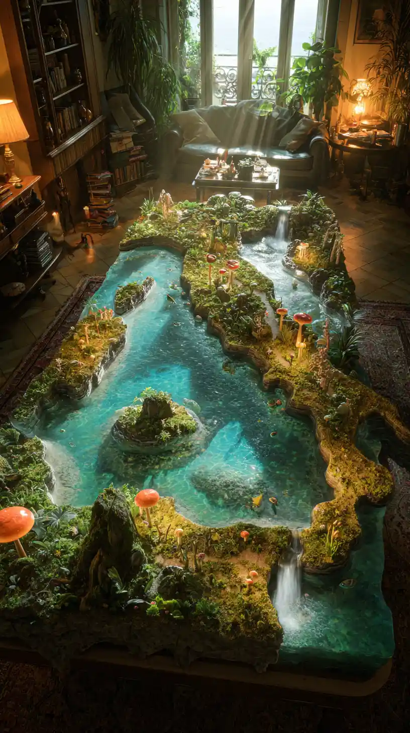 Whimsical living room with map of Italy and tiny ecosystem