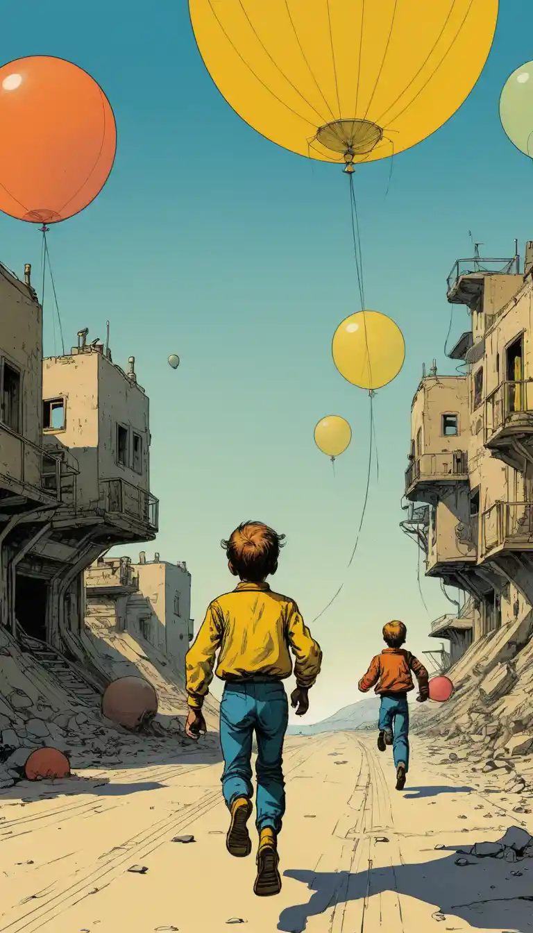 Boy running with balloons on bold yellow graphic backdrop