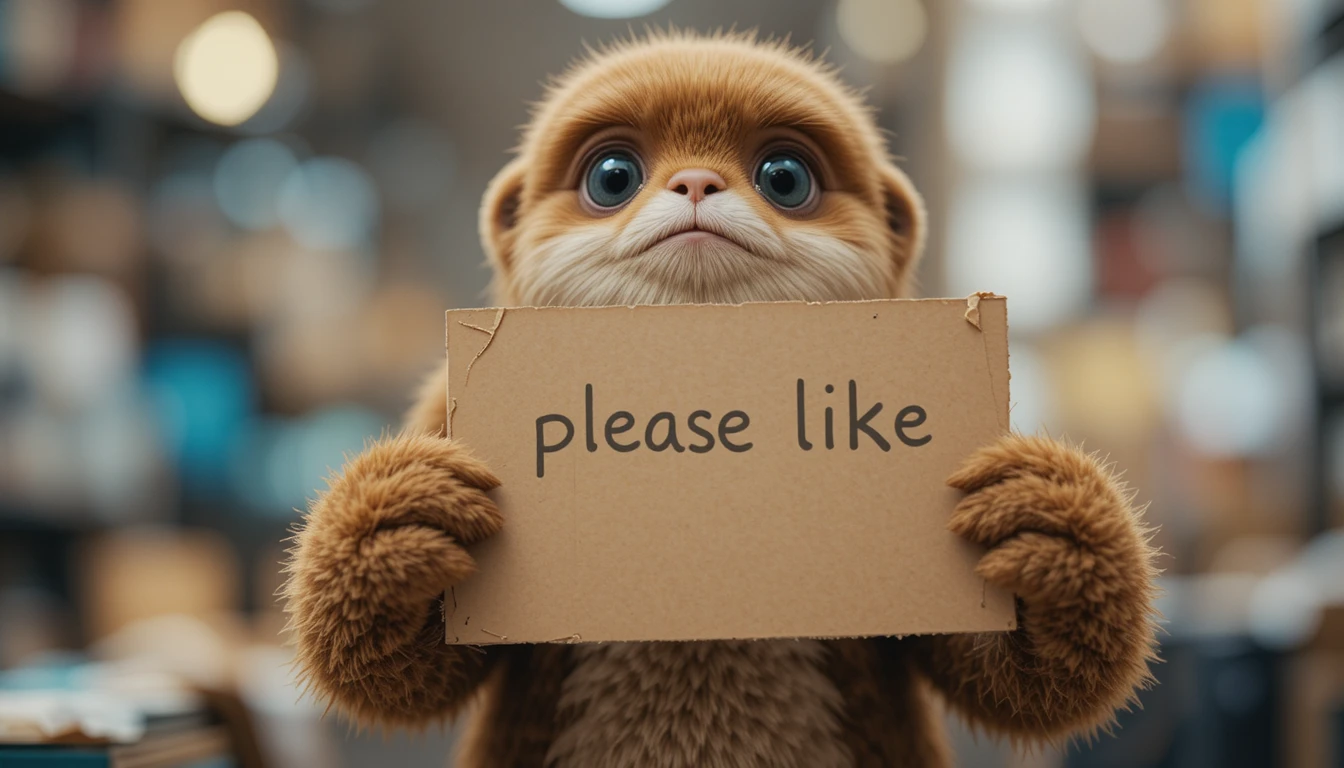 Man holding cardboard sign with please like message