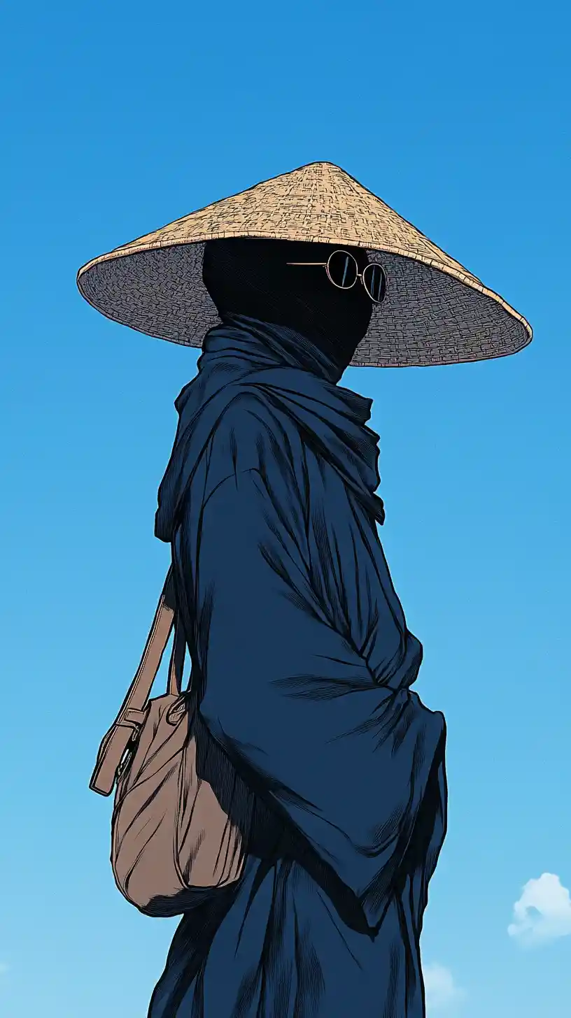 Mysterious man in navy dress under a clear blue sky