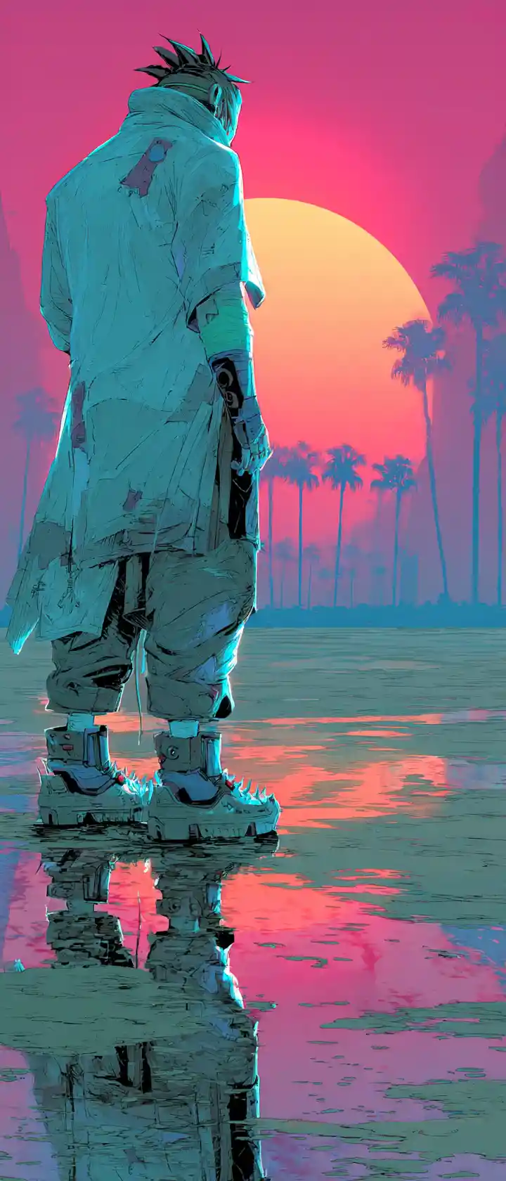 Anime rebel facing a vast futuristic desert city