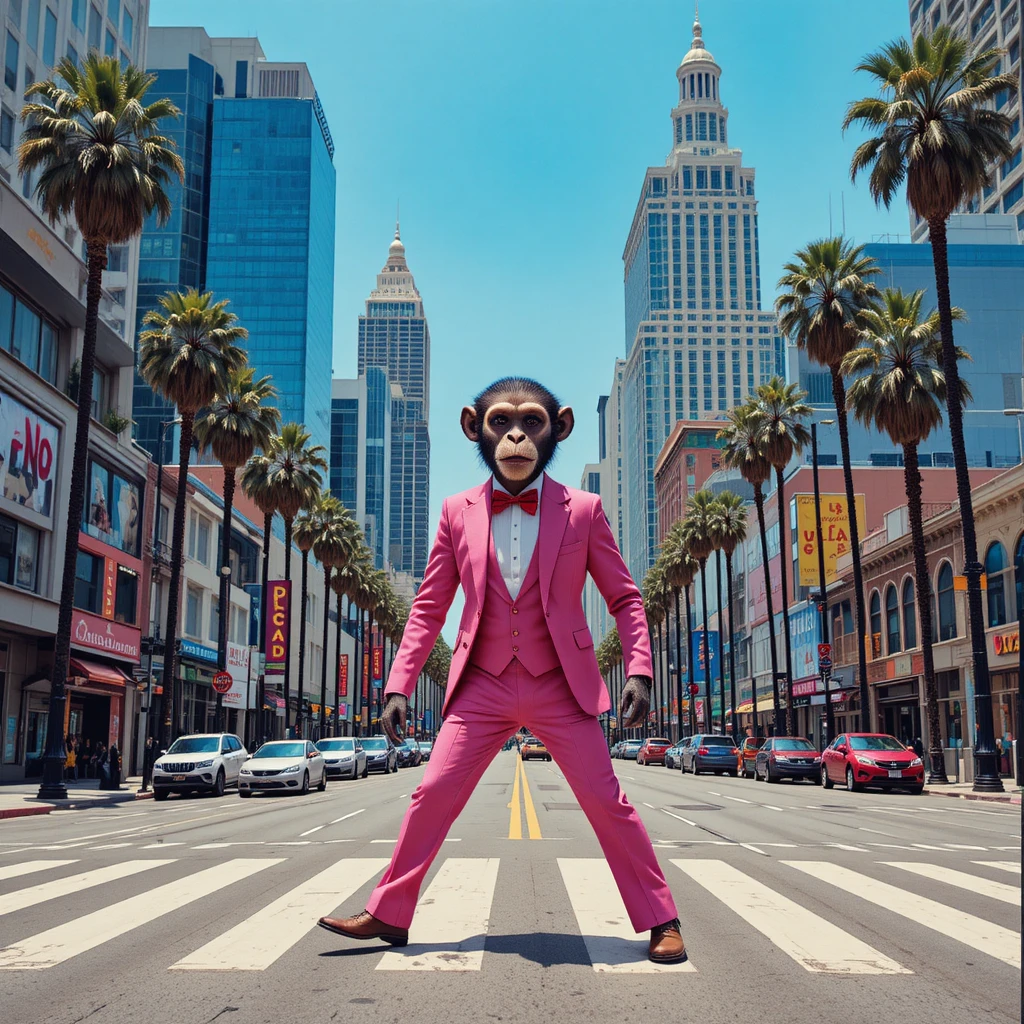 Stilvoller Affe im rosa Smoking auf einer Straße in Los Angeles