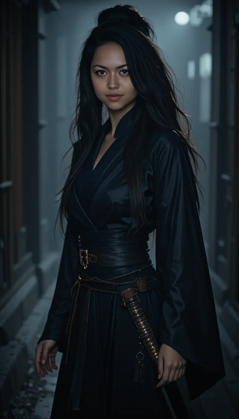 Silent female ninja poised with katana in the night