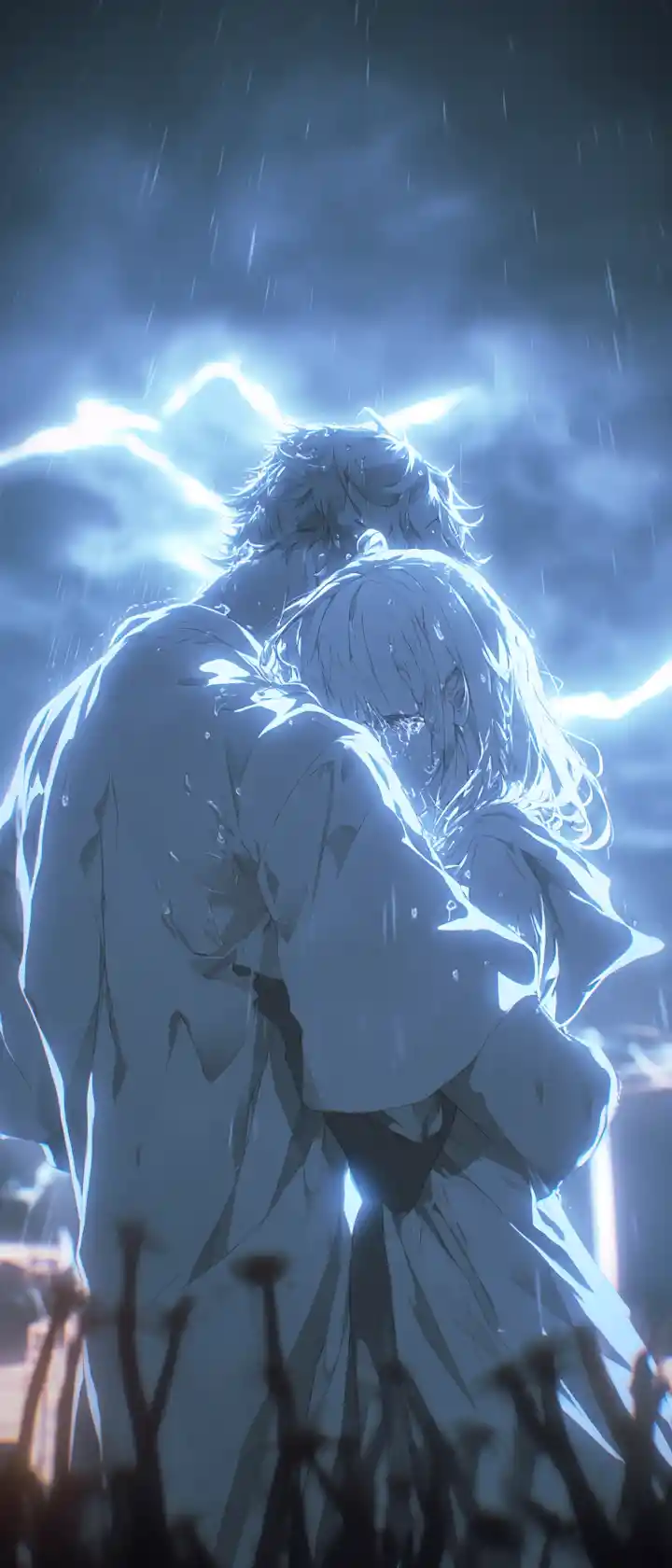 번개 치는 하늘 아래 fading memory 를 안고 있는 애니메이션 여성