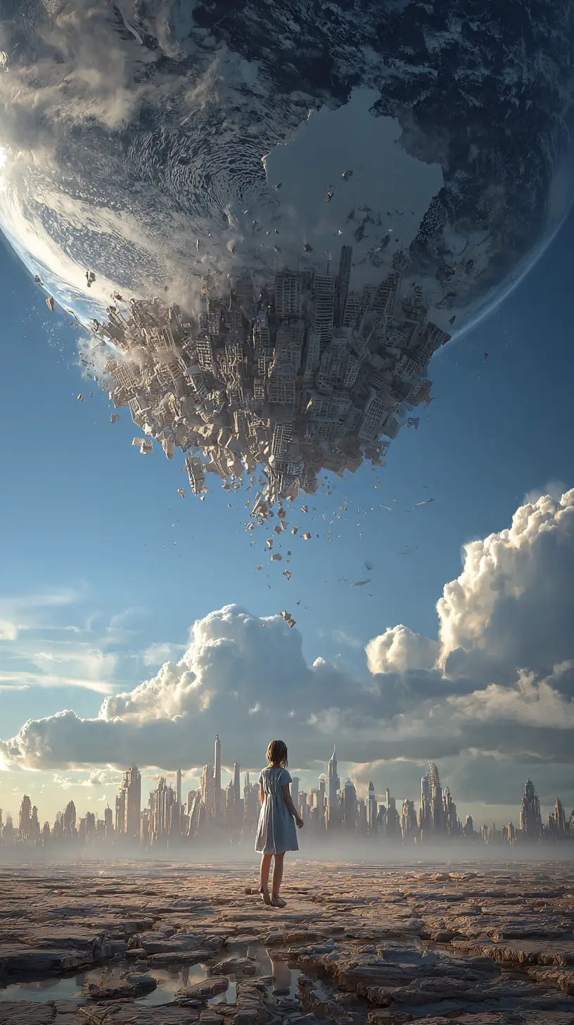 A girl looks up at an inverted city falling from a planet in the sky above a misty skyline.