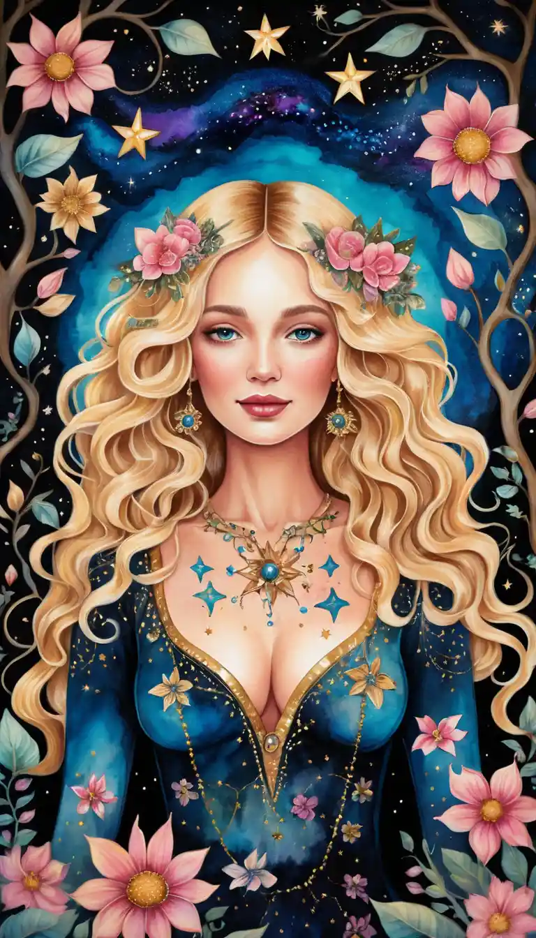 Mulher loira em um jardim floral de arte folk à noite