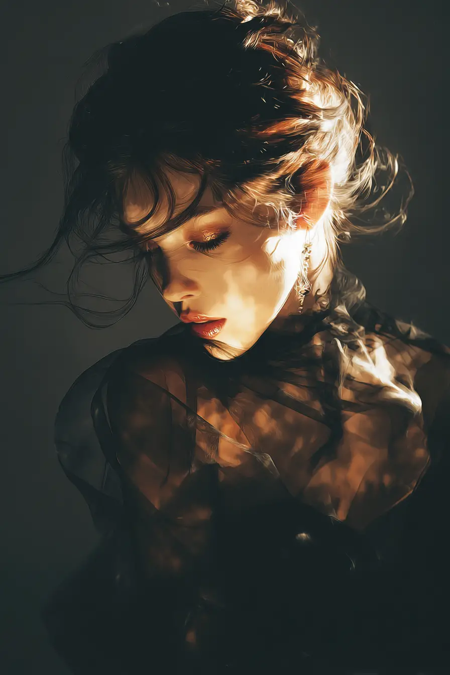 Melancholic surreal woman in windy abstract sand clouds