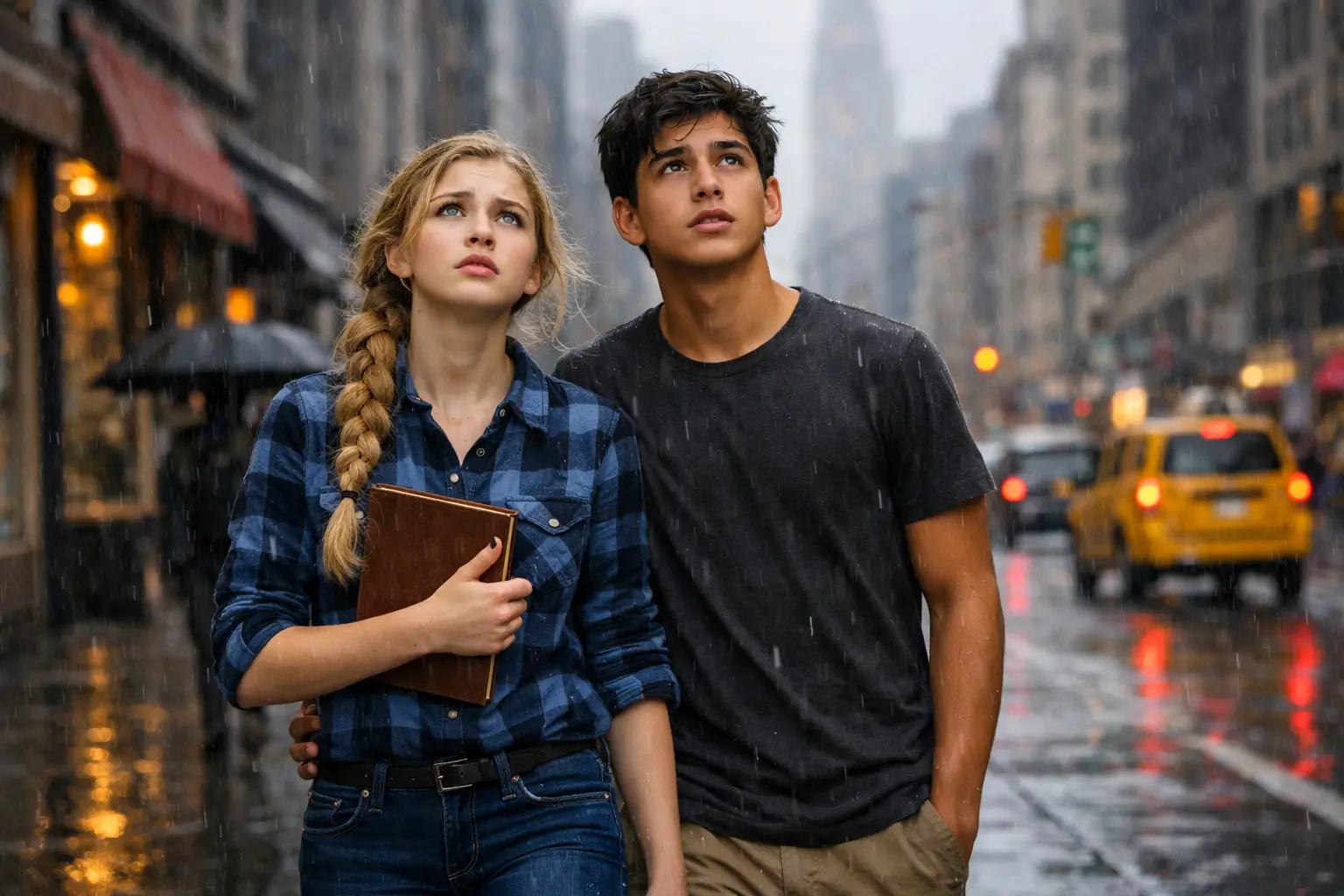 Amici adolescenti che camminano su un marciapiede piovoso di New York