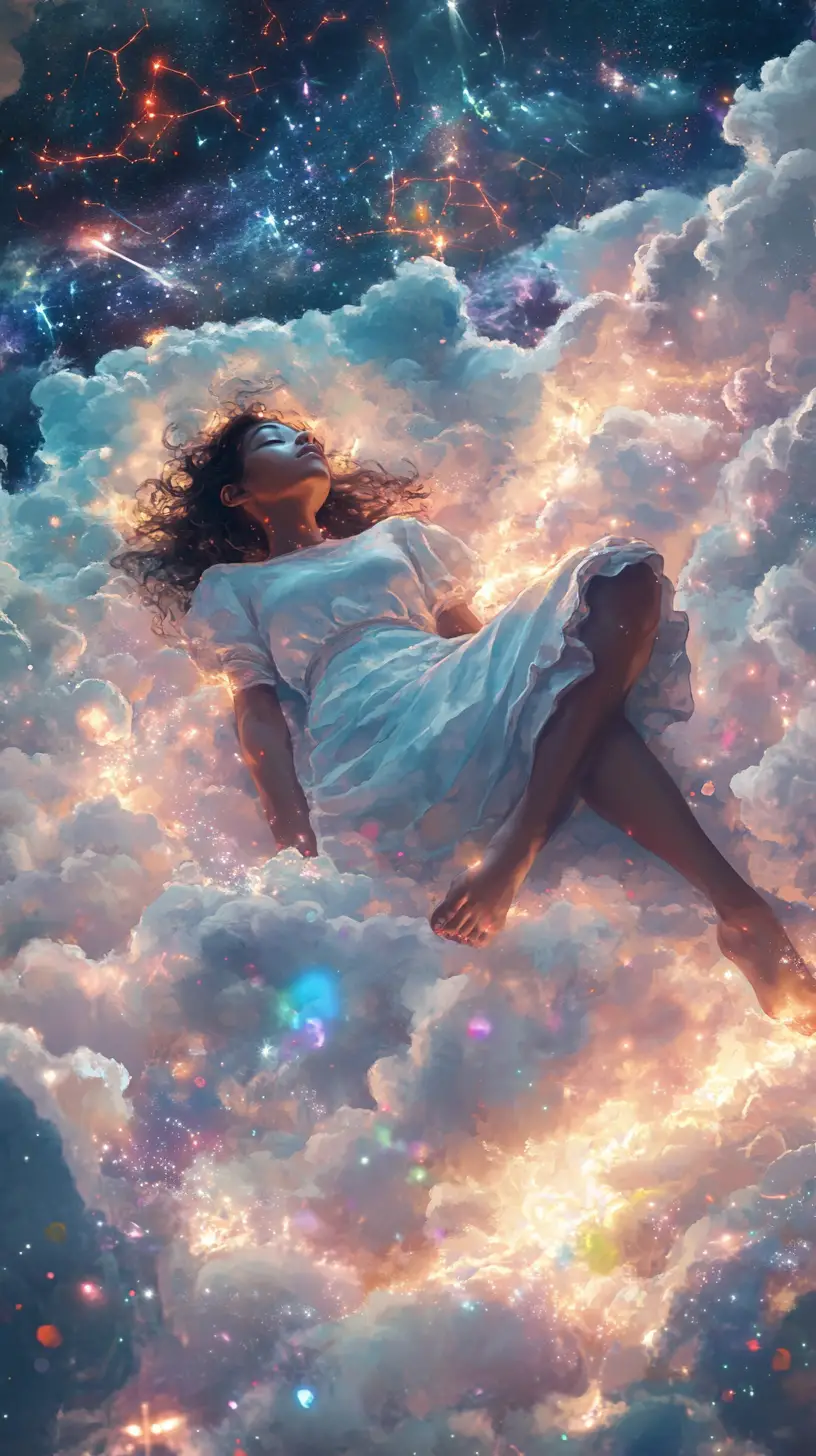 Ethereal dark skinned woman resting on soft glowing clouds