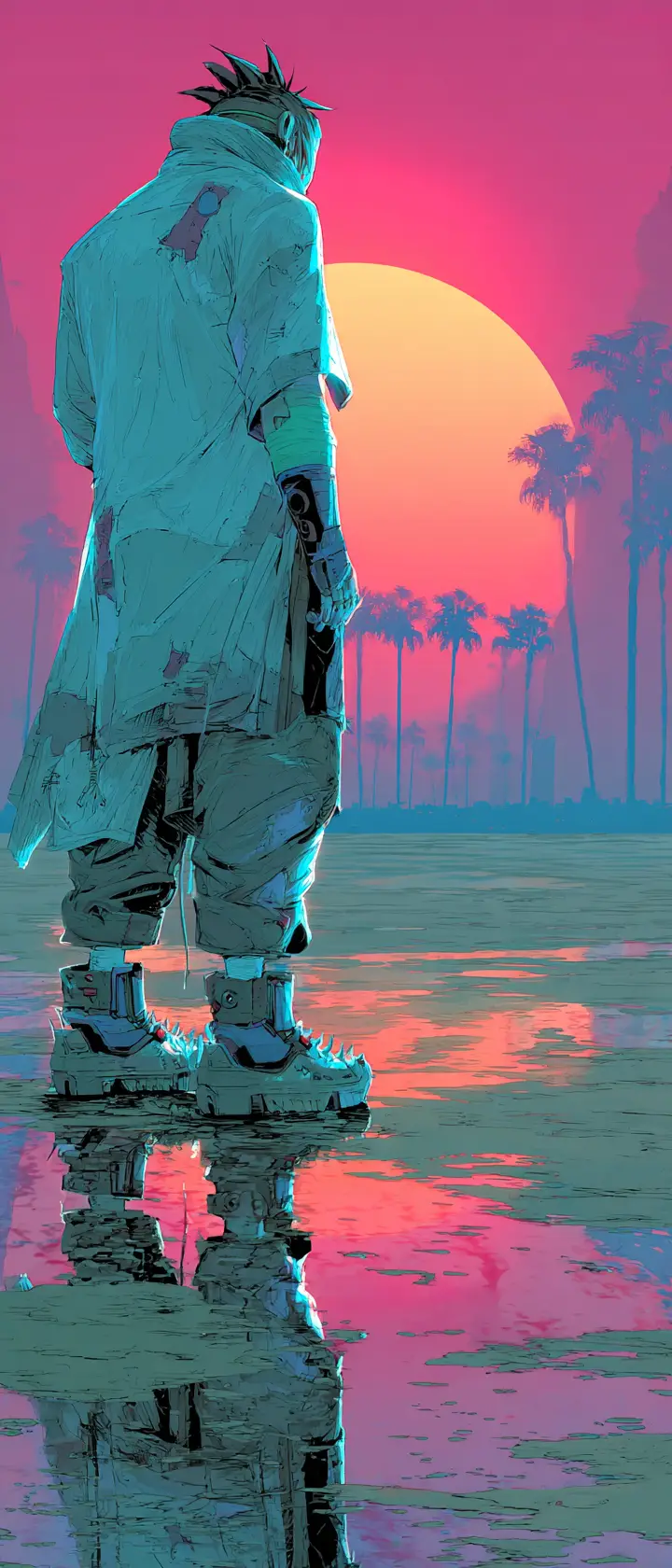 Anime rebel facing a vast futuristic desert city