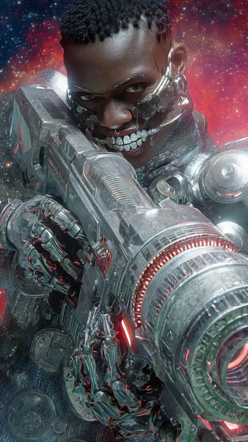 Assassino cyborg afrofuturista che spara con una massiccia arma sci-fi