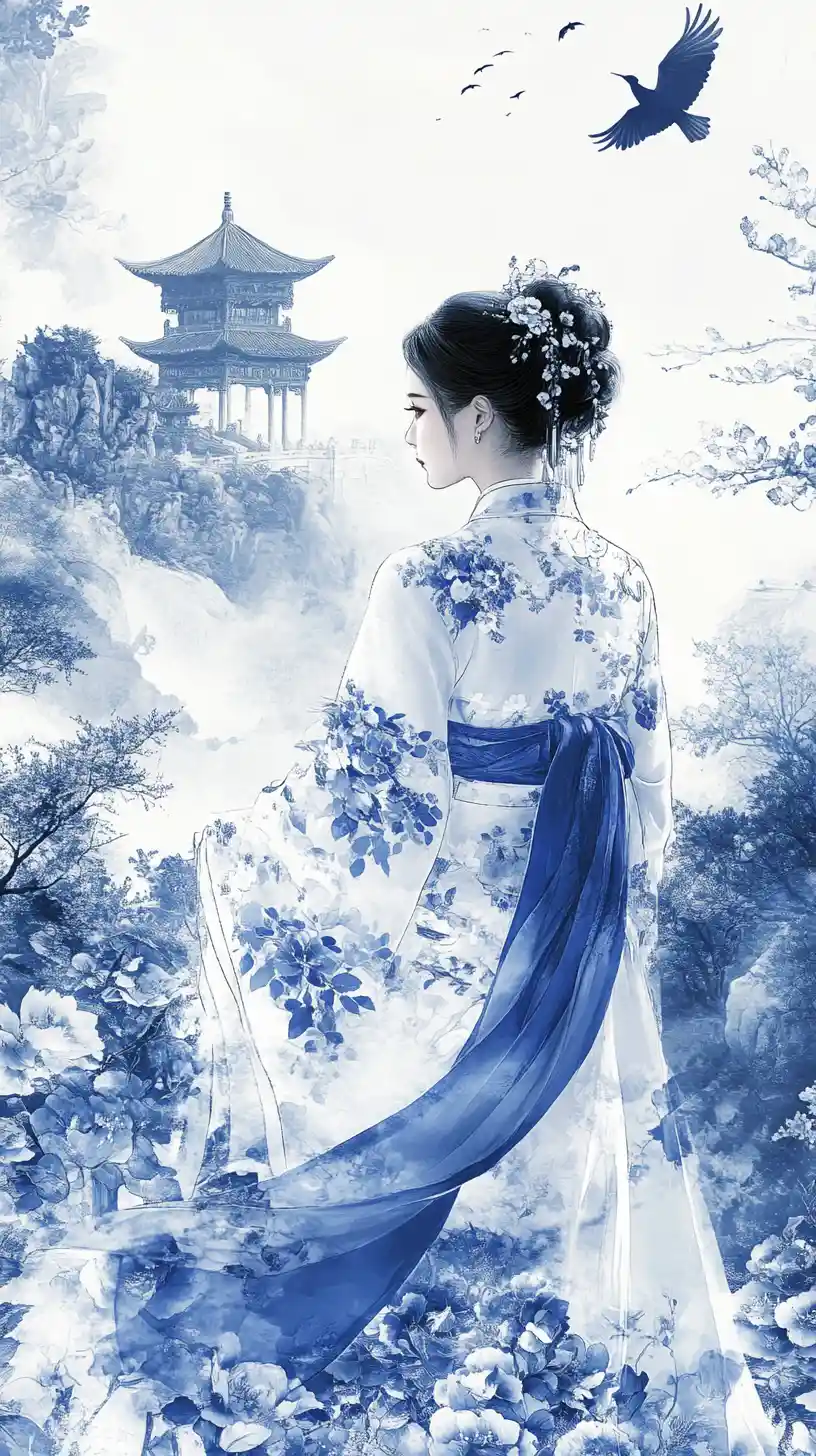Elegant woman in blue and white dress in mountain garden