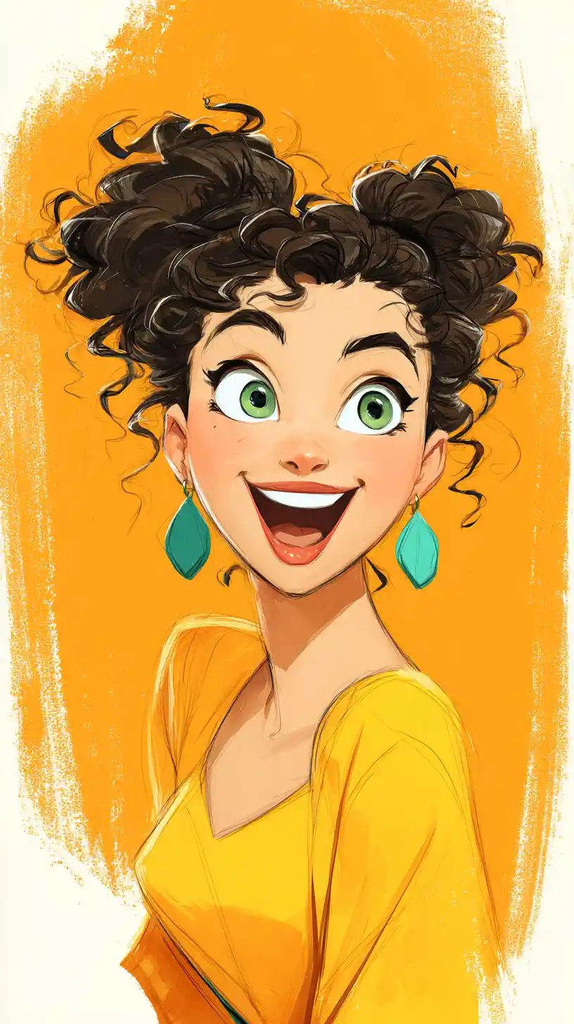Smiling girl with green eyes in bright cartoon portrait