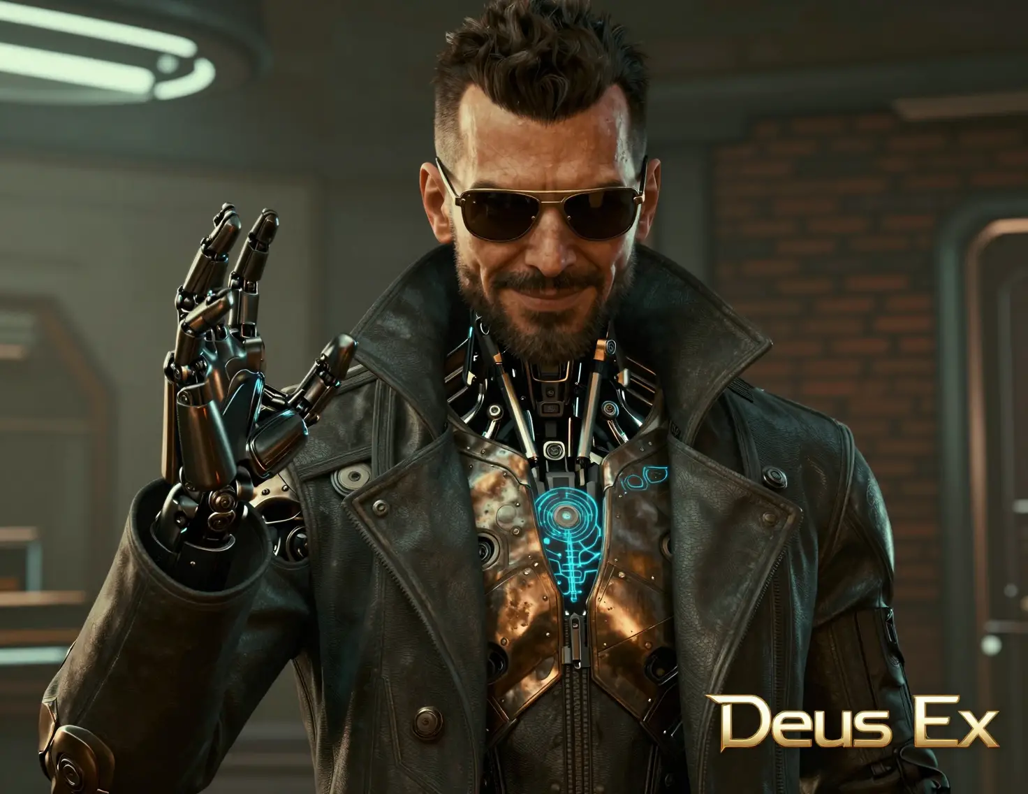 Erweiterter Detektiv posiert in einem Cyberpunk-Interieur