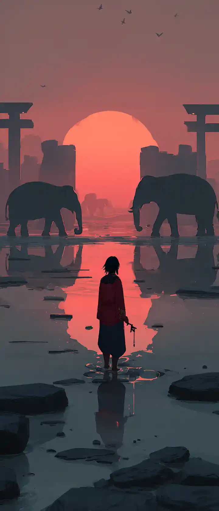 Anime wanderer dissolving into liquid with melting key