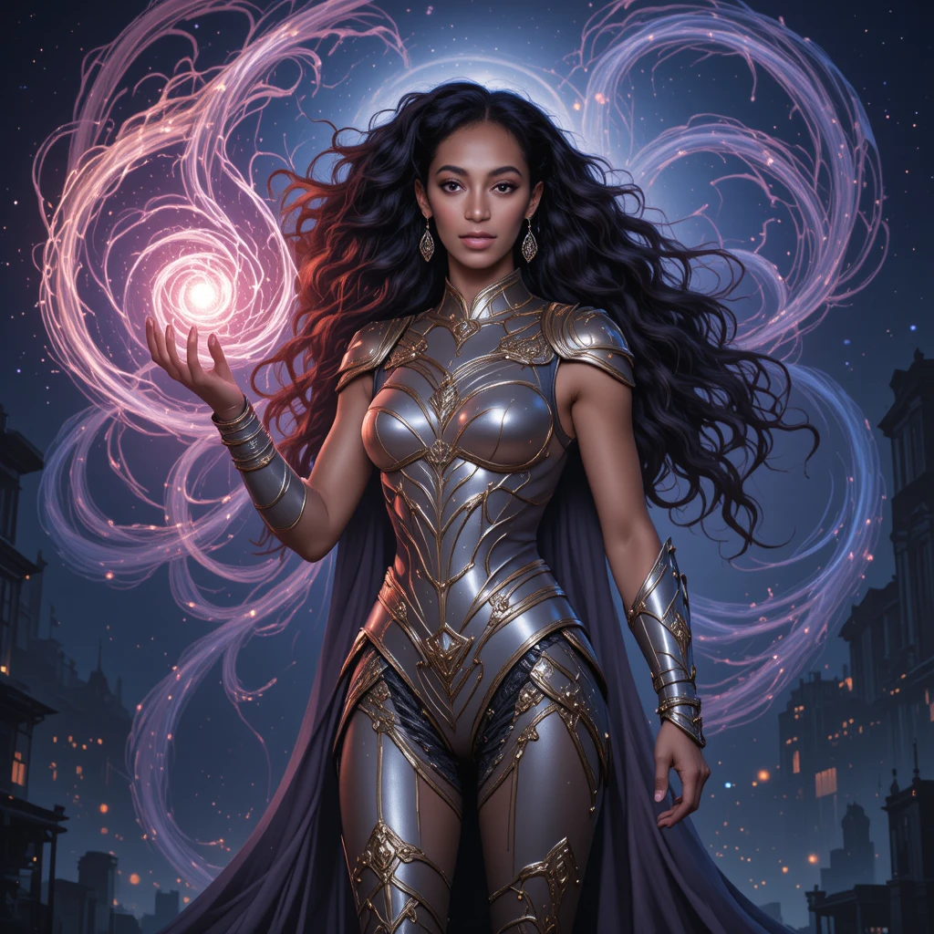 Armored sorceress summoning magic over a dark city