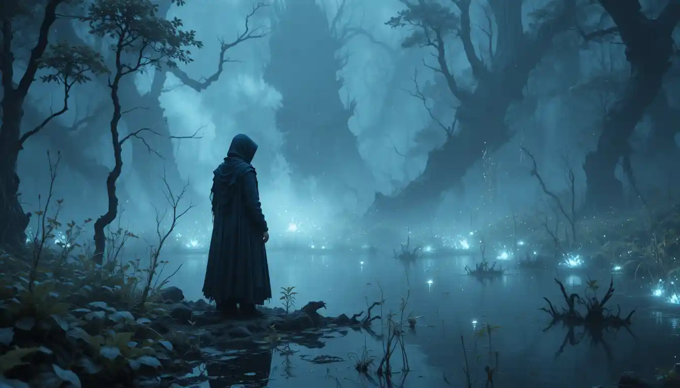 Hooded figure at the edge of a glowing swamp