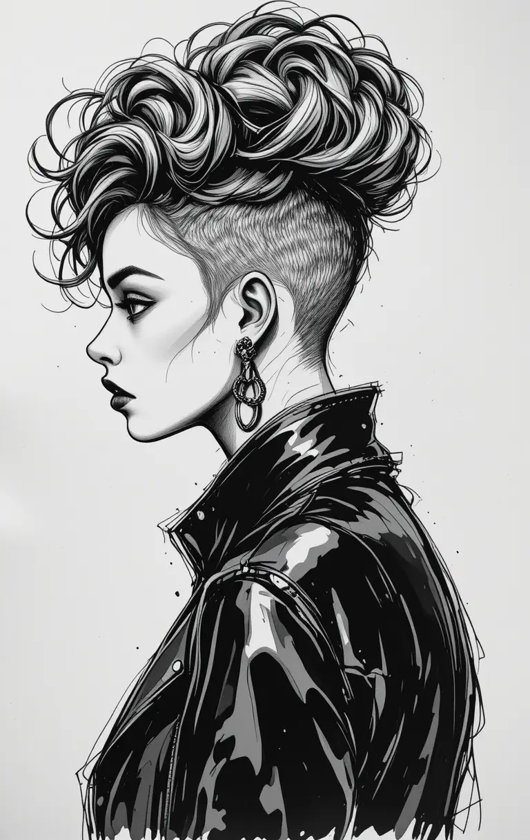 Edgy pen sketch portrait of young woman in profile view