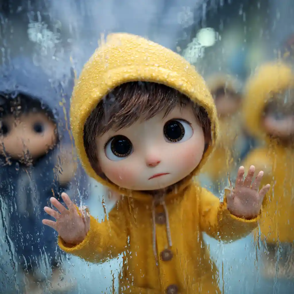 Triste ragazzo chibi con impermeabile giallo dietro una finestra sotto la pioggia