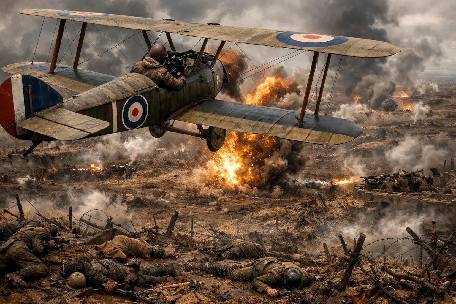 Biplan allié au-dessus d’un brutal champ de bataille de tranchées de la guerre mondiale