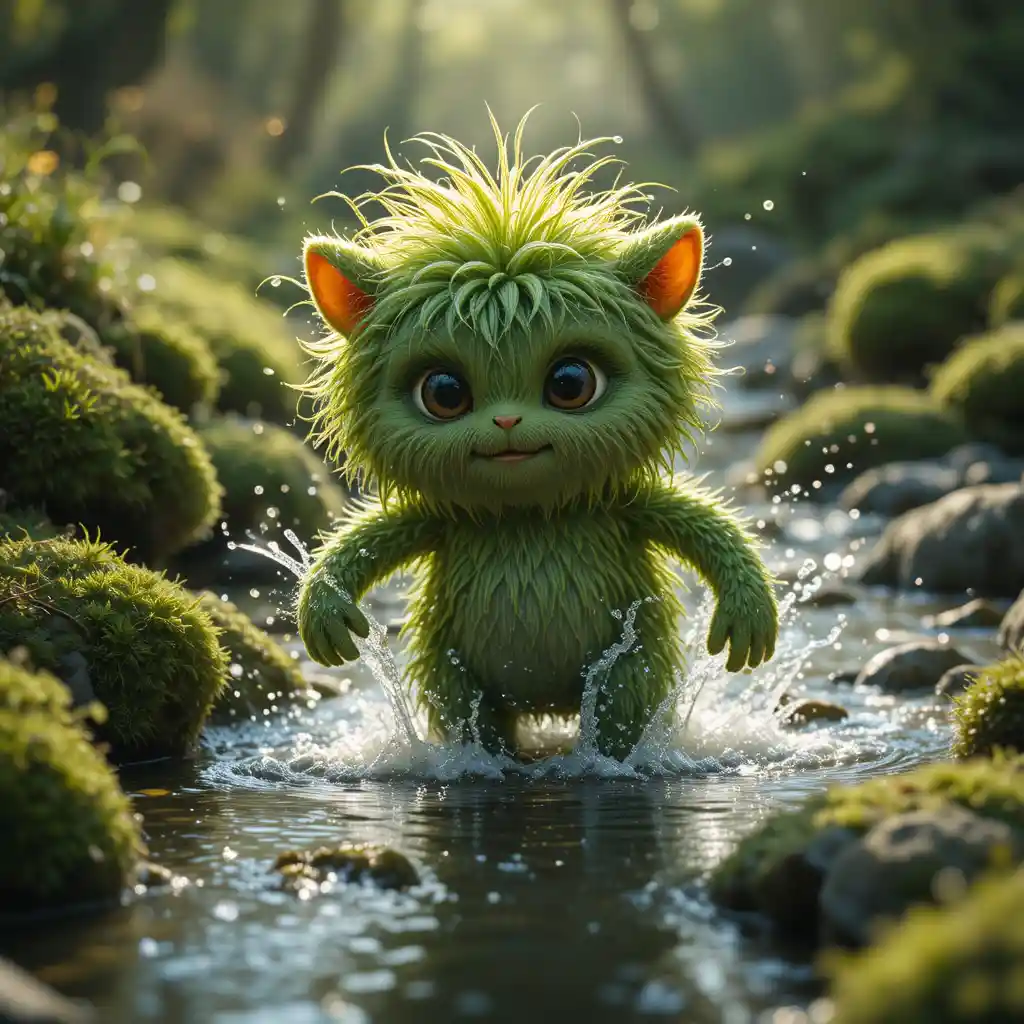 Mossy fantasy creature playing in a bright forest creek