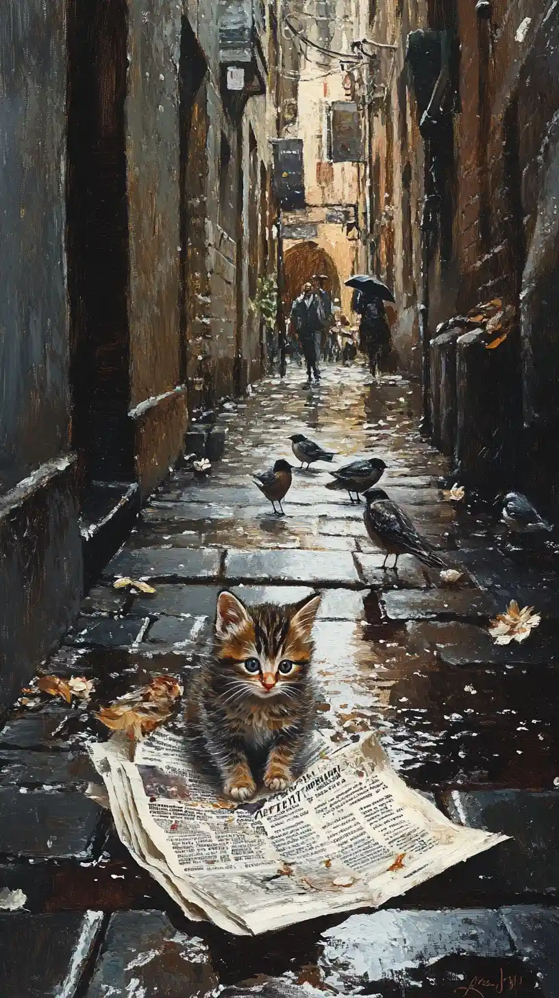 Kitten Sheltering Under Newspaper In Rainy City Alley