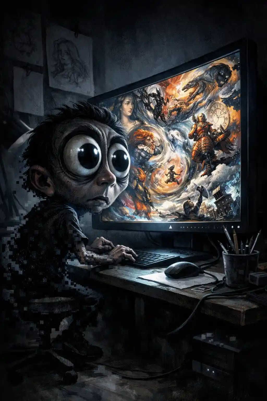 Caricatura oscura di un artista che fissa un monitor luminoso