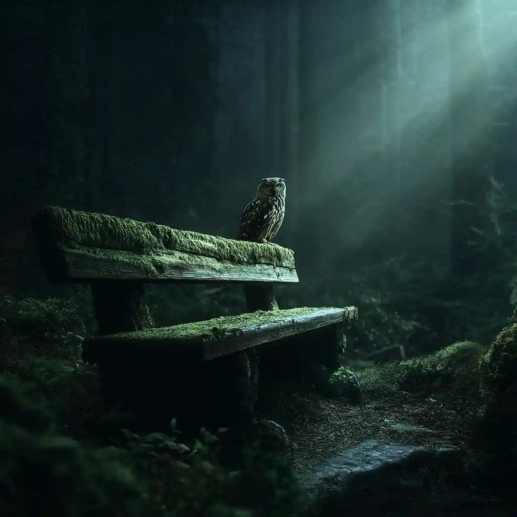 Gufo su panchina di legno muschiosa in una foresta oscura illuminata da torcia