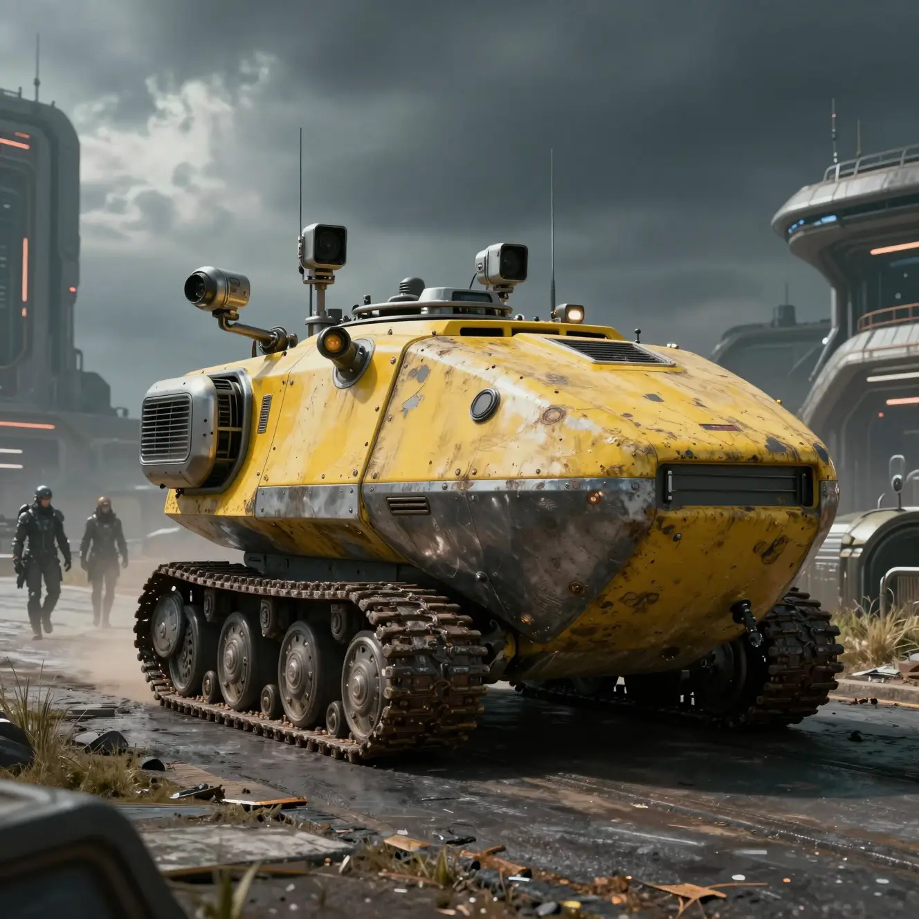Autonomous Tracked Vehicle In A Dystopian Sci Fi Outpost