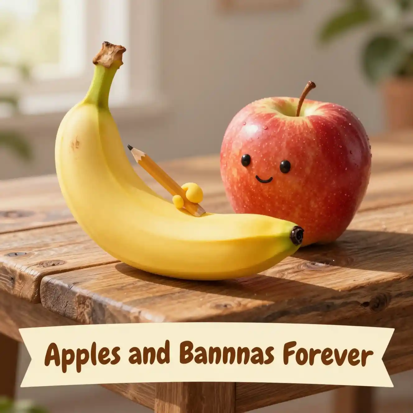 Natura morta giocosa con banana e mela su tavolo di legno