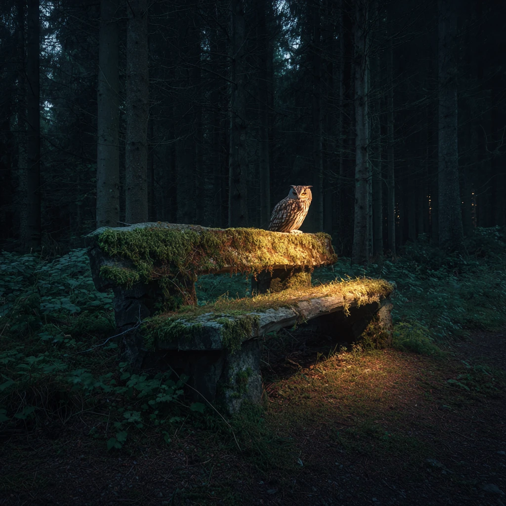 Eule auf moosiger Bank im dunklen Wald im Schein einer Taschenlampe