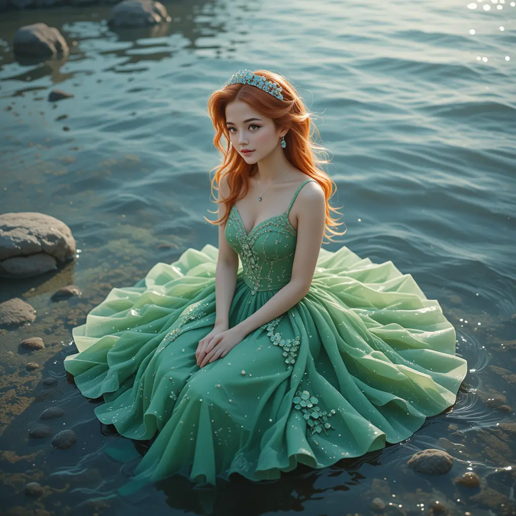 Red haired girl in green dress sitting on water rocks