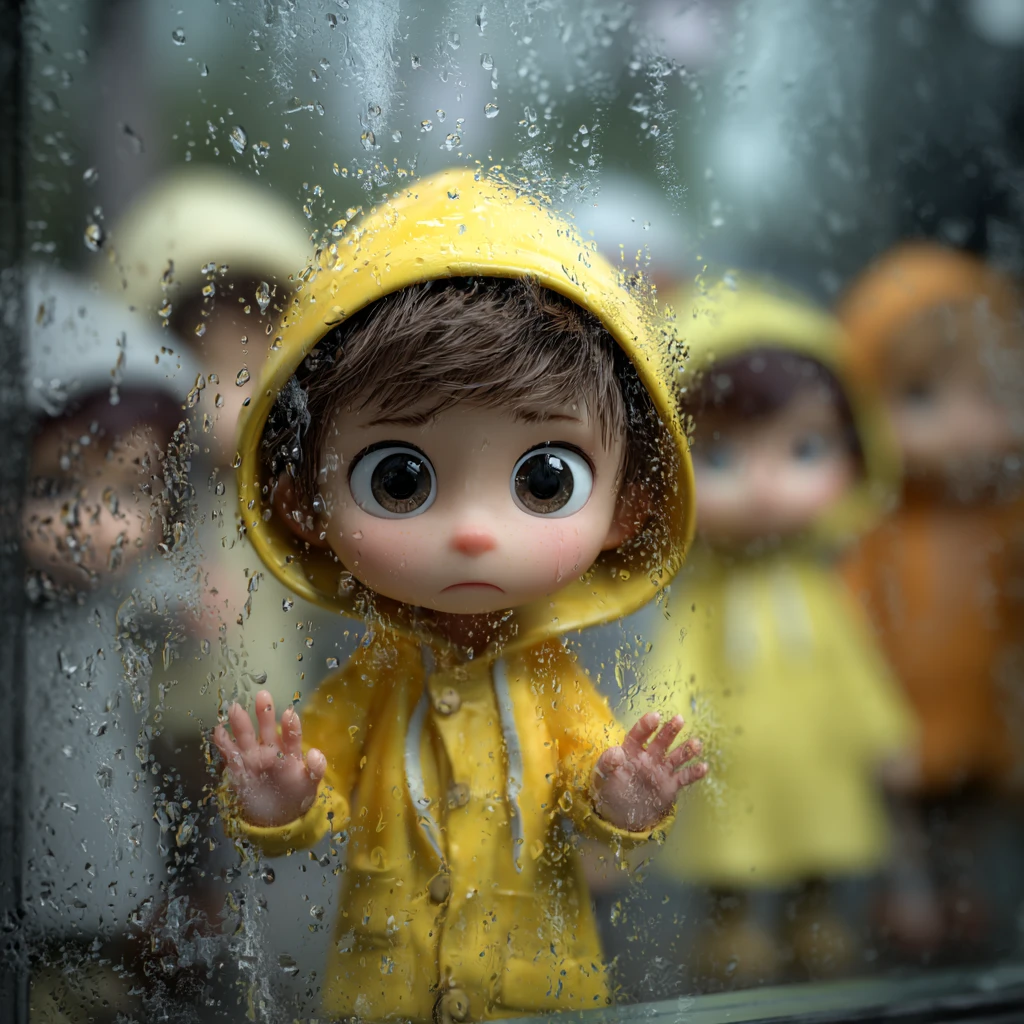 Kleiner Junge im gelben Regenmantel hinter verregnetem Fenster