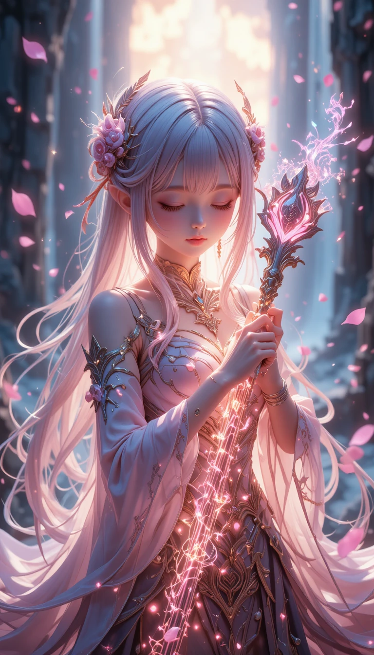 Chica elfa de anime pacífica abrazando un báculo brillante