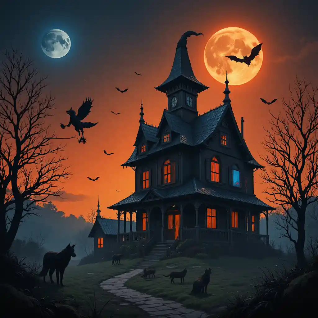 Haunted house under orange sky with bats and moons