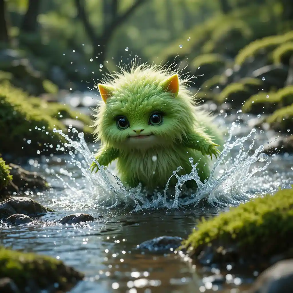 Playful moss creature splashing in a bright forest creek