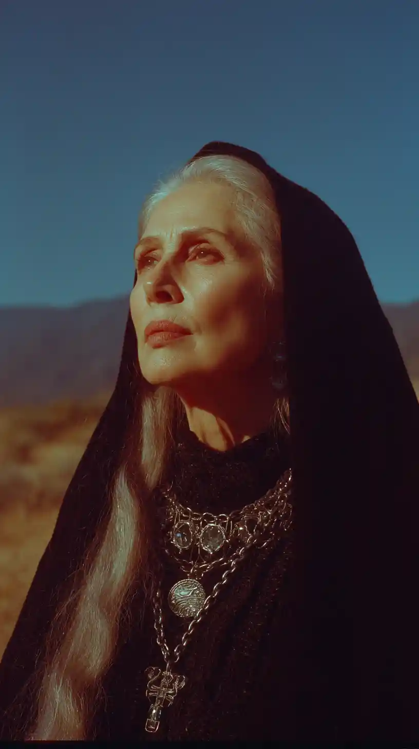 Chiaroscuro portrait of a mature supernatural woman outdoors