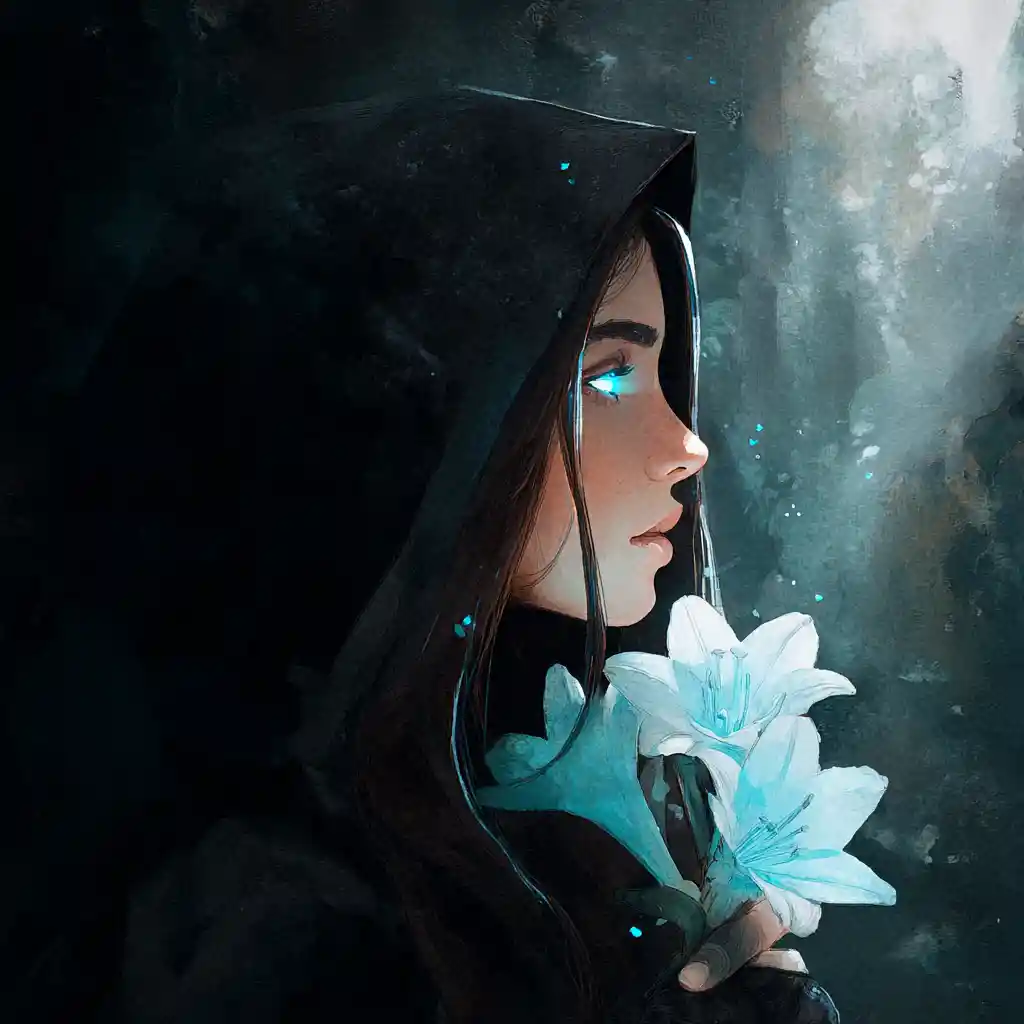 Mystical hooded woman with glowing eyes and flower