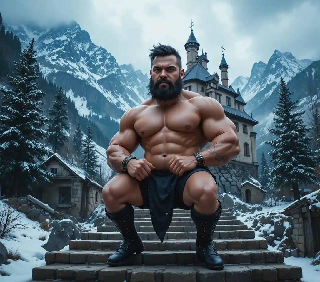 Latino fantasy warrior on castle steps in snowy mountains