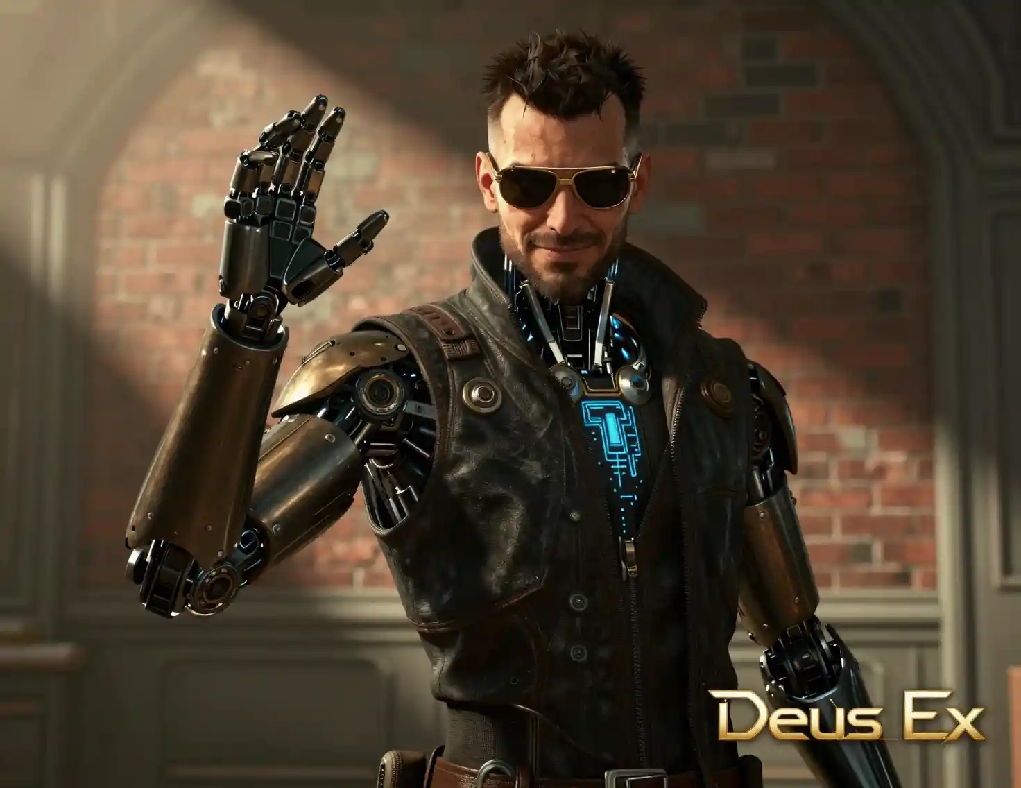 Uomo cyborg cyberpunk sorridente che posa in un interno grintoso