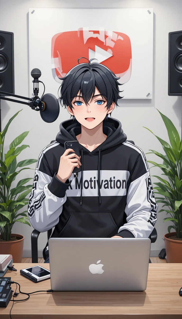Anime-Junge nimmt im Studio mit Kamera und Laptop auf
