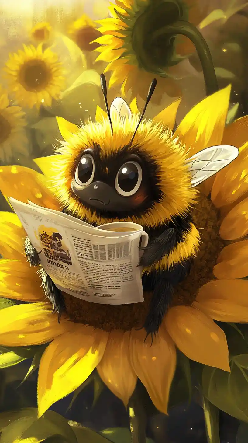 Grumpy cartoon bee reading on a bright sunflower