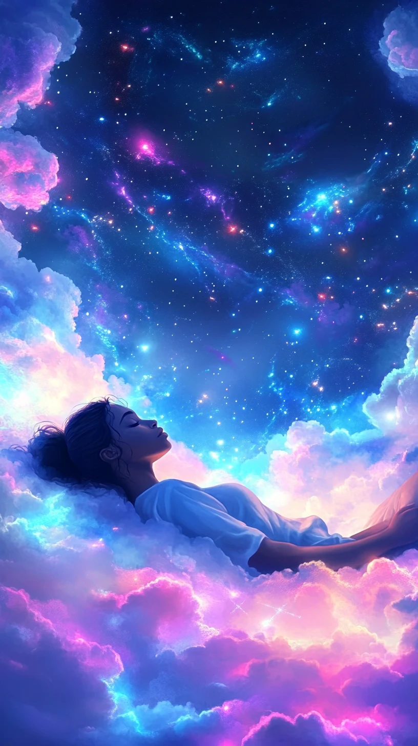安睡在柔軟發光雲朵上的寧靜深膚色女子