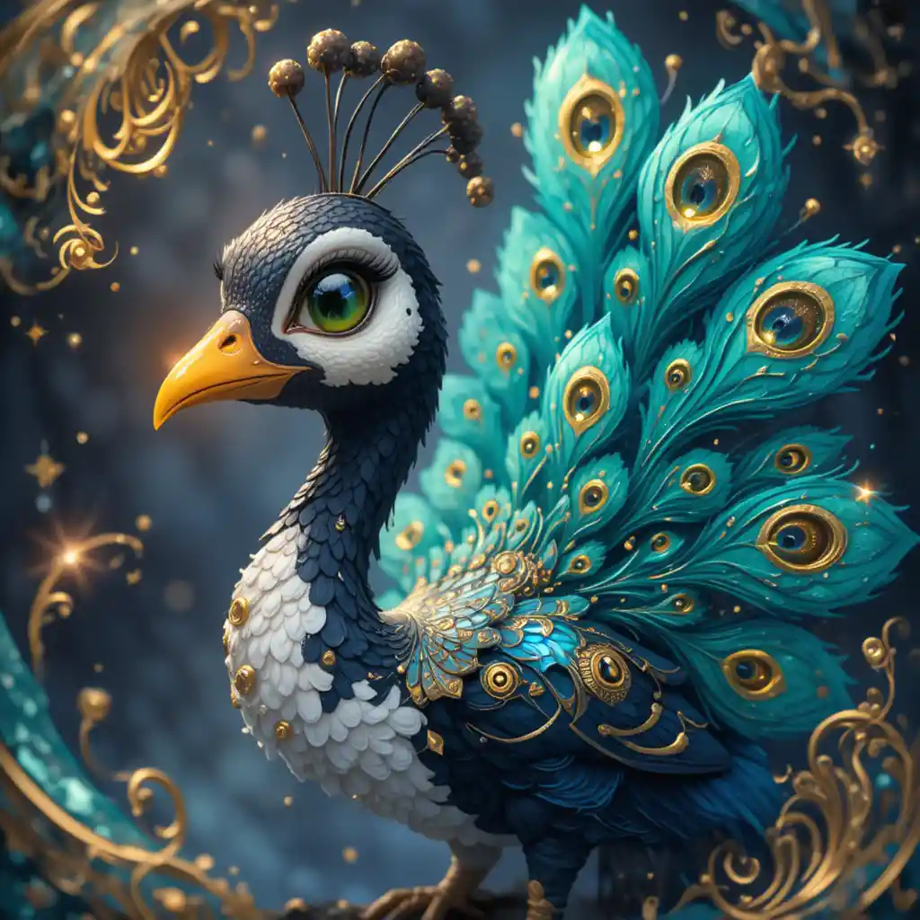 Pavone fantasy giocoso con coda turchese e dettagli dorati