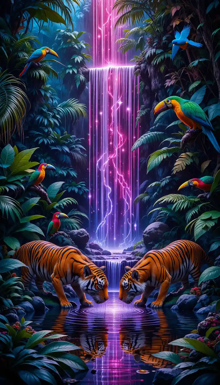 Foresta Pluviale Tropicale al Neon con Tigri a una Cascata Sfavillante