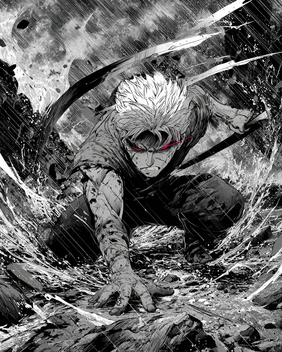 Fiero guerrero de manga abalanzándose sobre un campo de batalla tormentoso