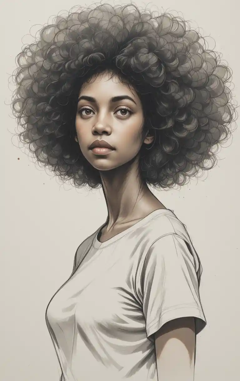 Charcoal close up of a young black woman with afro hair